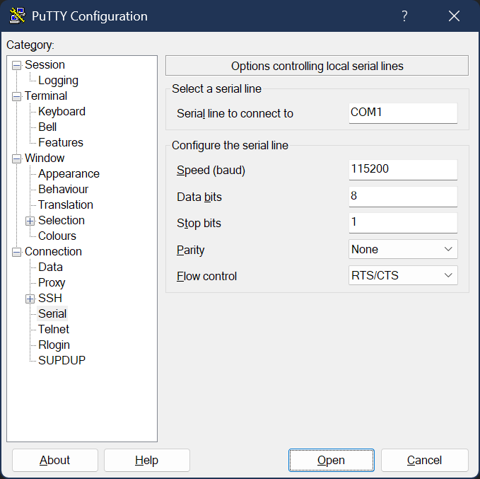 PuTTY - nastavenie Serial